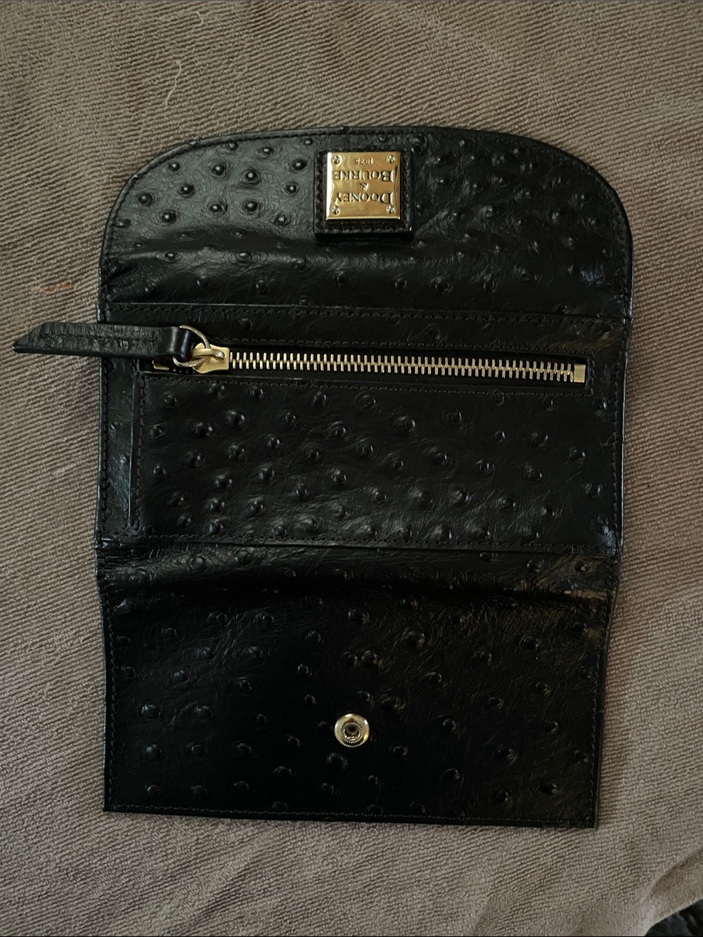 Dooney & Bourke Black Ostrich-Embossed Leather Clutch Wallet with Gold Plaque - Picture 3 of 3